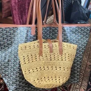 大人のラフィアバッグ【Saint Laurent】『Panier』Smallトート SAINT LAURENT Small Panier leather-trimmed raffia tote | NET
